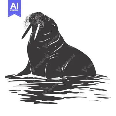 Aset desain premium: Silhouette of a Walrus with Large Tusks in the Water