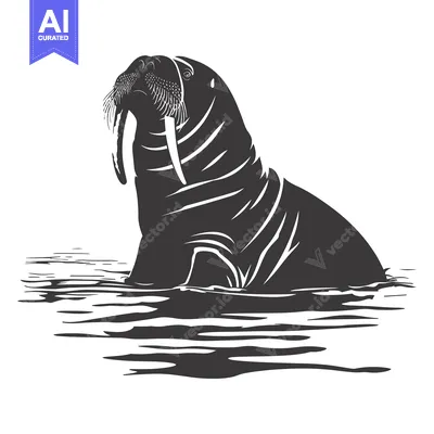Aset desain premium: A Silhouette of a Walrus with Large Tusk Emerging from Water