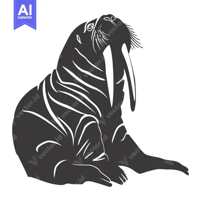 Aset desain premium: Black and White Silhouette of a Walrus with Large Tusk