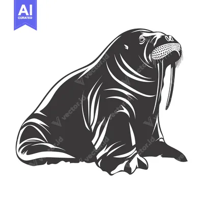 Aset desain premium: A Black and White Illustration of a Walrus with Large Tusk