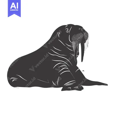 Aset premium populer: Silhouette of a walrus with prominent tusks lying on its belly