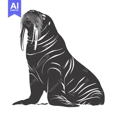 Popular premium asset: Black and white silhouette of a walrus with long tusks