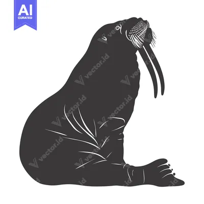 Aset desain premium: Black and white silhouette of a walrus sitting on its hind flippers wi