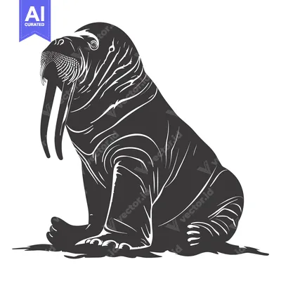 Aset premium populer: A black and white illustration of a walrus sitting with its tusks show