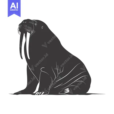 Aset premium populer: A Silhouetted Walrus with Prominent Tusks Sitting on White Background