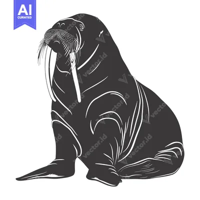 Black and white silhouette of a walrus with large tusks