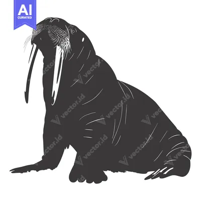 A Black and White Silhouette of a Walrus with Large Tusk