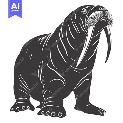 A Black and White Silhouette Illustration of a Walrus with Long Tusks