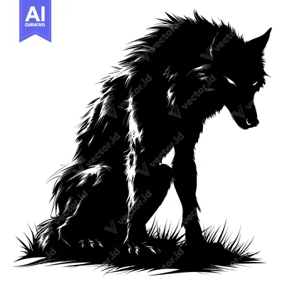 Premium design asset: Black and White Silhouette of a Wolf Sitting in Grass