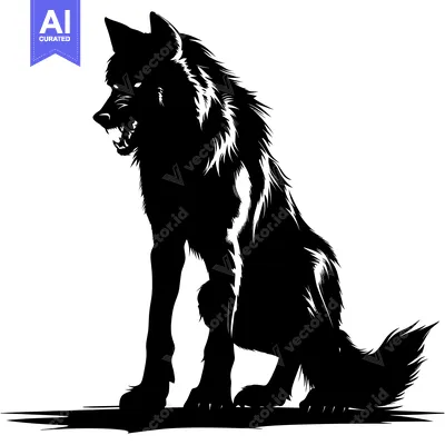 Aset desain premium: Black and White Silhouette of a Wolf Sitting with Its Mouth Open