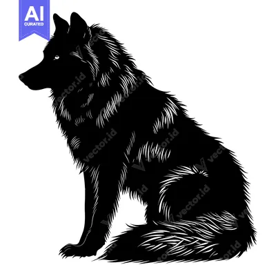 Aset desain premium: Black and White Silhouette of a Sitting Wolf