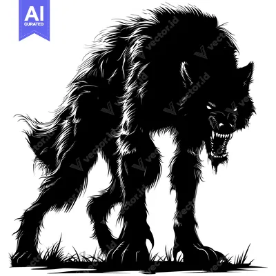 Popular premium asset: A Silhouetted Werewolf with Fangs Bared, Standing on Grass