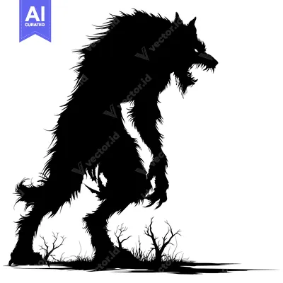 Aset desain premium: A black silhouette of a werewolf standing in a forest.