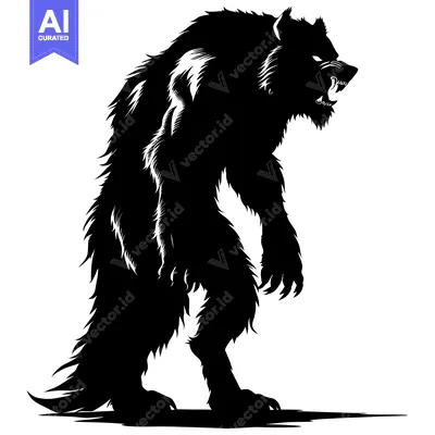 Premium design asset: Black and white silhouette of a snarling werewolf standing on all four