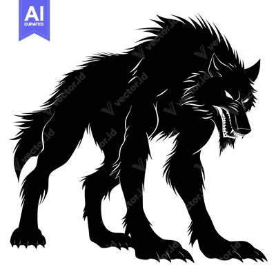 Premium design asset: Black and White Silhouette of a Ferocious Wolf with Sharp Claws