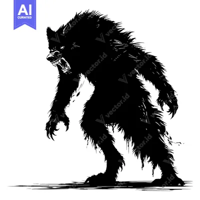 Aset premium populer: Black and White Silhouette of a Werewolf Standing on Its Hind Legs