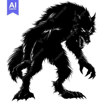 Aset desain premium: Black and White Silhouette of a Growling Werewolf