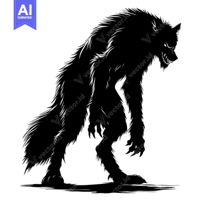 Premium design asset: Black and White Silhouette of a Werewolf with Claws and Fangs