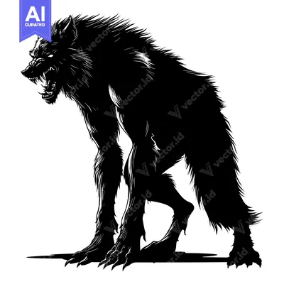 Premium design asset: Black and White Illustration of a Growling Werewolf Silhouette
