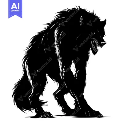Aset desain premium: A Black and White Silhouette of a Growling Werewolf
