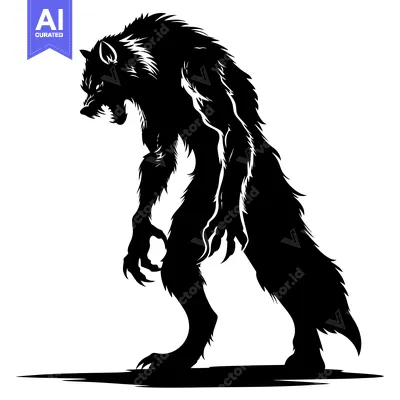 Premium design asset: A menacing werewolf silhouette with sharp claws and fur.