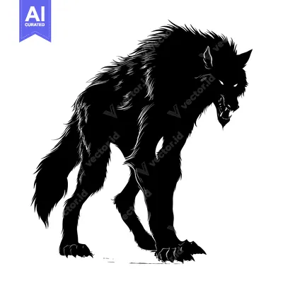 Aset premium populer: A Black and White Silhouette of a Werewolf Standing in a Predatory Sta