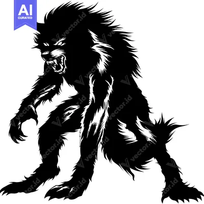 Aset premium populer: A Black and White Illustration of a Growling Werewolf
