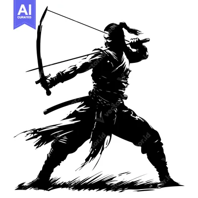 Aset desain premium: Silhouette of a Samurai Warrior with a Bow and Sword