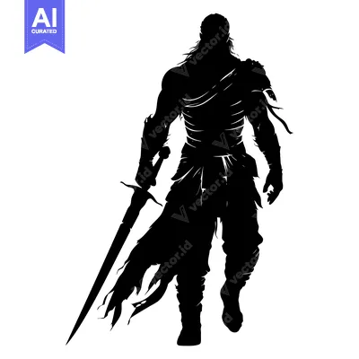 Silhouette of a Warrior with a Sword and a Flowing Cape