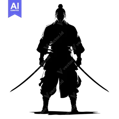 Aset desain premium: Silhouette of a Samurai Warrior with Two Swords