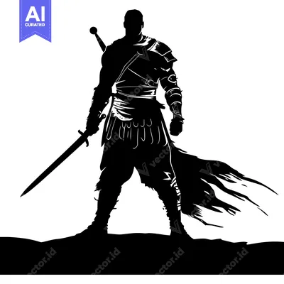 Silhouette of a warrior standing with a sword and a cloak billowing be