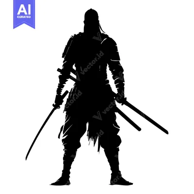 Aset desain premium: Black and White Silhouette of a Warrior with Two Swords