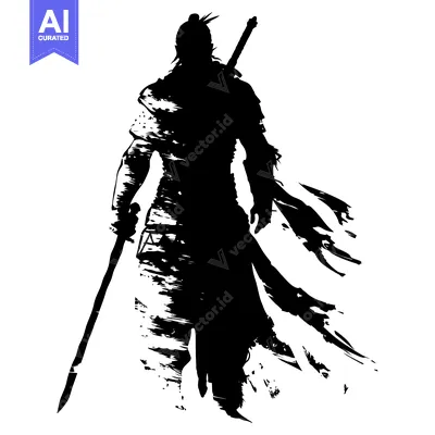 Aset desain premium: Silhouette of a Samurai Warrior with a Sword and Waving Robe