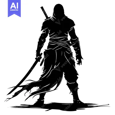 Silhouette of a hooded figure with a sword
