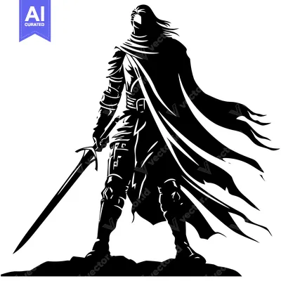 Premium design asset: A Silhouetted Knight Standing with a Sword and a Flowing Cloak