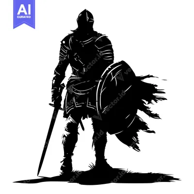 Aset desain premium: Silhouette of a Medieval Knight with Sword and Shield