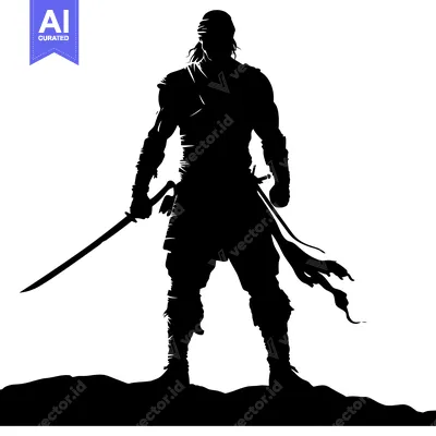 Premium design asset: Silhouette of a warrior with a sword standing on a hill
