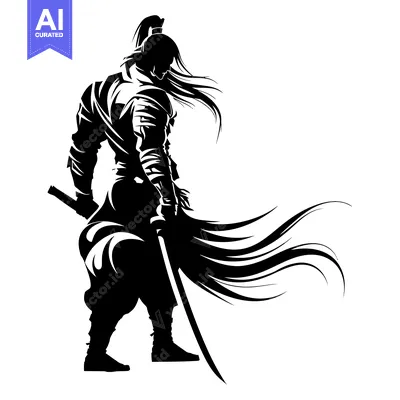Aset desain premium: A Black and White Silhouette of a Samurai Warrior With a Sword
