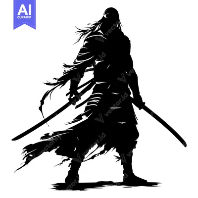 Aset desain premium: A Silhouette of a Samurai Holding Two Swords