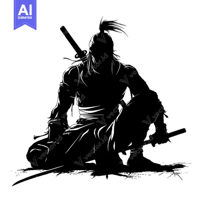 Aset desain premium: Silhouette of a Sitting Samurai Warrior with Two Swords