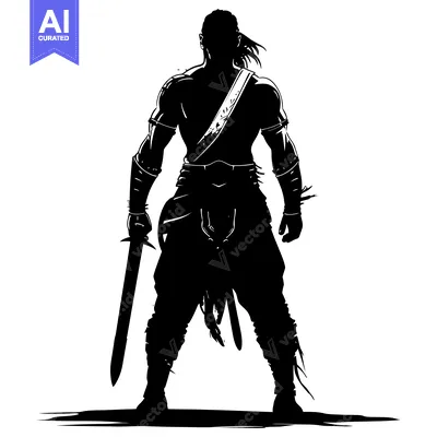 Aset desain premium: Silhouette of a Muscular Warrior Holding a Sword