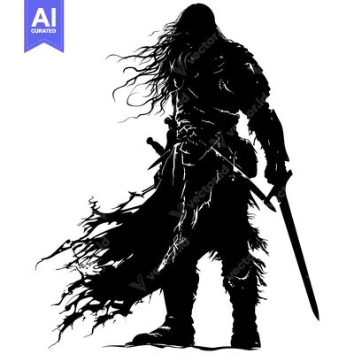 Silhouette of a Warrior with Long Hair and a Sword