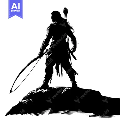 Aset desain premium: Silhouette of a Warrior Holding a Bow and Arrows on a Rock