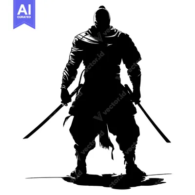 Silhouette of a Japanese Samurai Warrior with Two Swords
