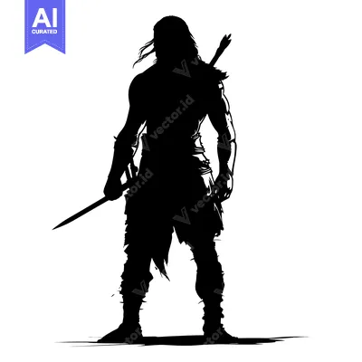 Aset desain premium: Silhouette of a Warrior Holding a Sword and Standing on a White Backgr