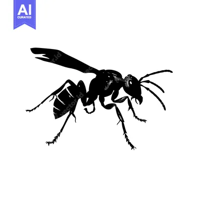 Black and white silhouette of a wasp with wings spread