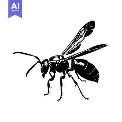 Aset desain premium: Black and White Silhouette of a Wasp with Wings Spread