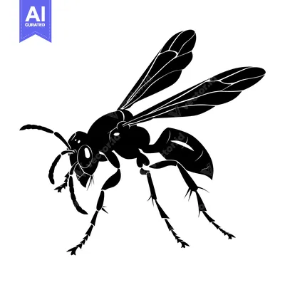 Aset desain premium: Black and white silhouette of a wasp with its wings spread