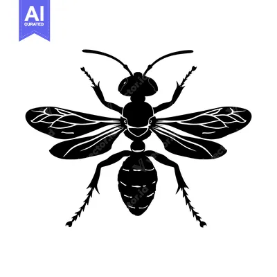 Aset desain premium: Black Silhouette of a Wasp with Wings Spread