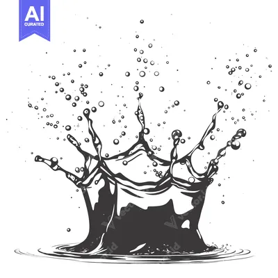 Aset desain premium: Black and white illustration of a water splash with droplets
